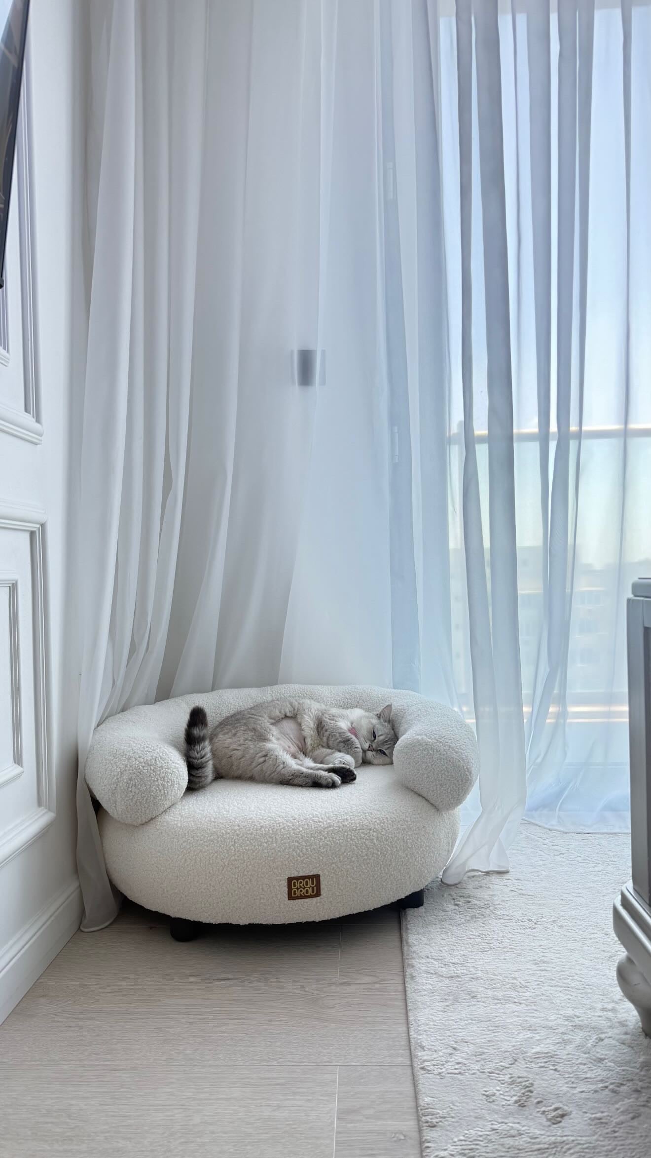 Beiges, geschwungenes Sofa - Bouclé Beige BRAUBRAU für Haustiere (Hunde und Katzen)